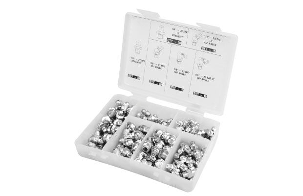 Комплект пресс-масленок в пластиковой коробке, 110 шт, М6, М8, М10, прямой и 90 градусов GROZ арт. GR43971