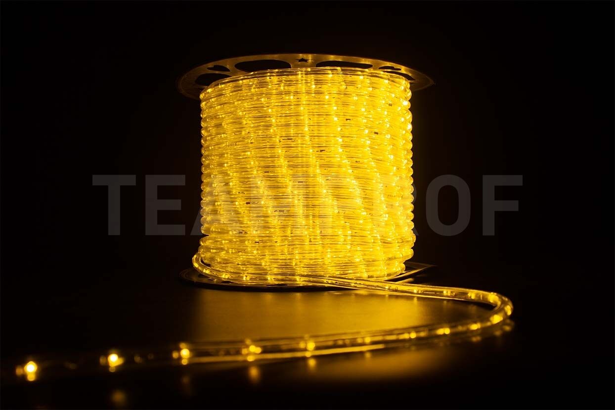 Светодиодный дюралайт TeamProf, 2-х проводной, жёлтый, кратность резки 2 метра, диаметр 10 мм, 220 В, 100 м