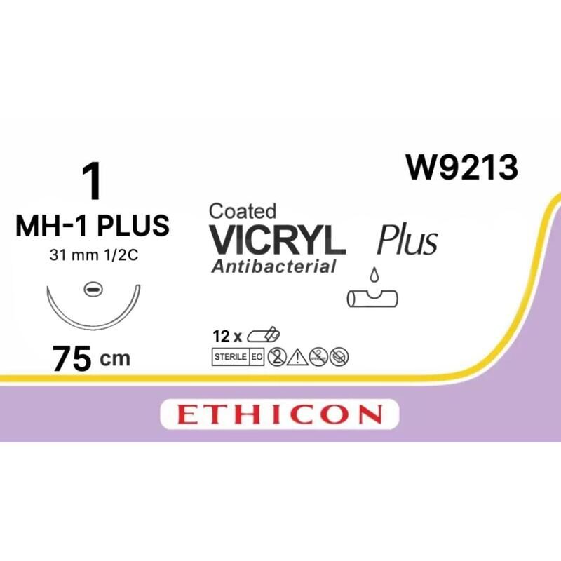 Шовный материал Викрил 1 75 см колющая игла 31 мм 1/2 W9213 (12 штук в упаковке) Ethicon