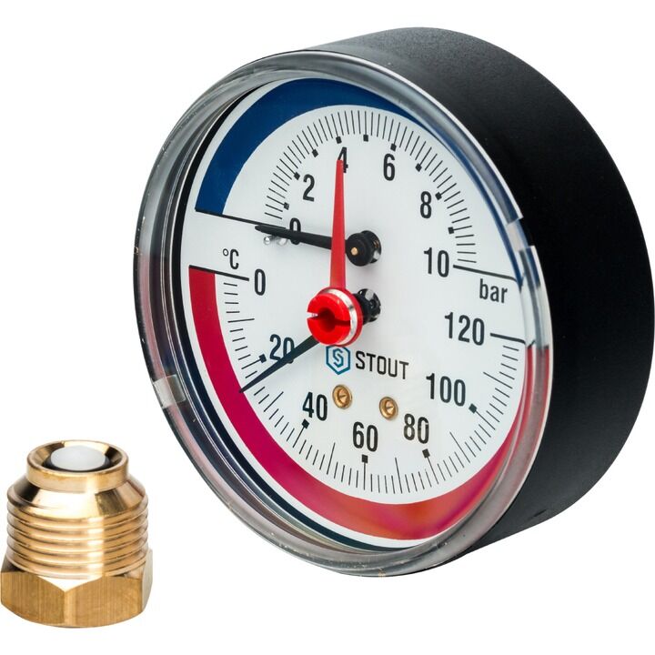 Термоманометр аксиальный с автоматическим запорным клапаном Dn 80 мм 1/2", 0...120°C, 0-10 бар.