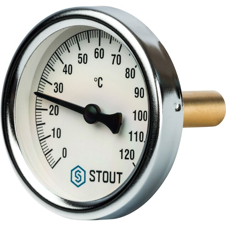 Термометр биметаллический с погружной гильзой STOUT Dn 63 мм, гильза 75 мм 1/2", 0...120°С