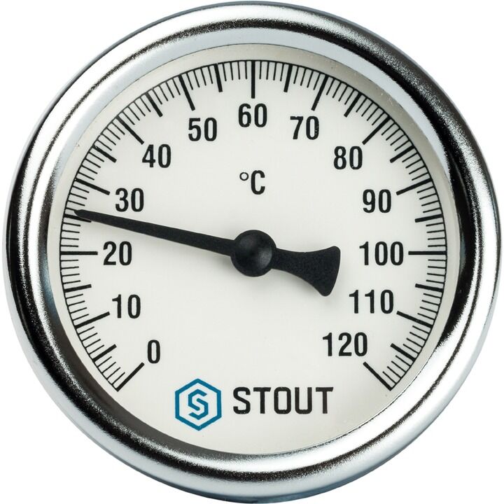 Термометр биметаллический с погружной гильзой STOUT Dn 63 мм, гильза 50 мм 1/2", 0...120°С 2