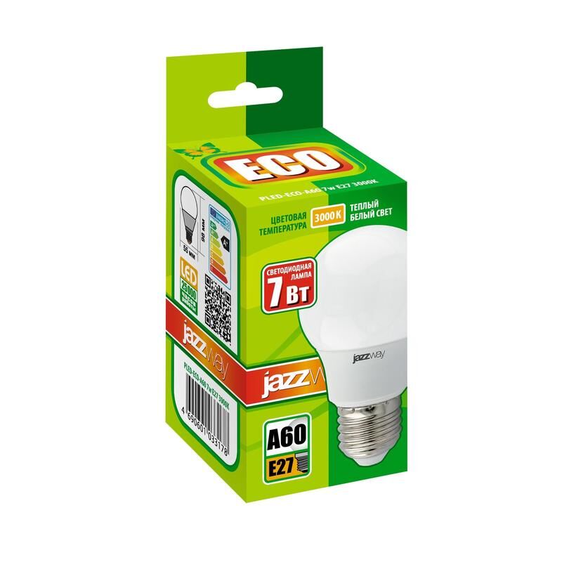 Лампа светодиодная JazzWay Eco А 7Вт E27 3000К 610Лм 230В 1033178 Jazzway