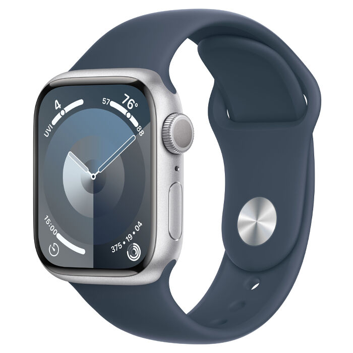 Смарт-часы Apple Watch Series 9 45мм Aluminum Case with Sport Band M/L, серебристые + синий шторм ремешок