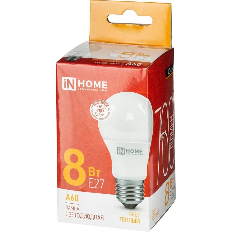 Лампа светодиодная In Home LED-A60-VC груша 8Вт 3000K 760Лм 220В 4690612024004