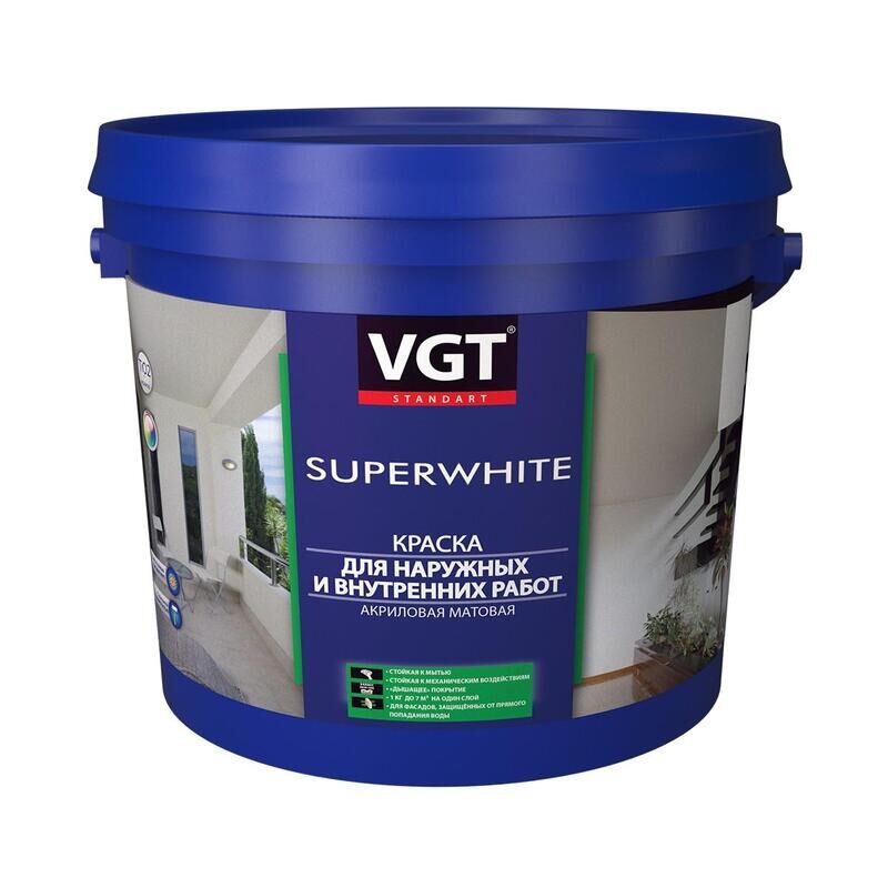 Краска моющаяся для наружных и внутренн работ ВД-АК-1180 супербелая VGT 7 кг