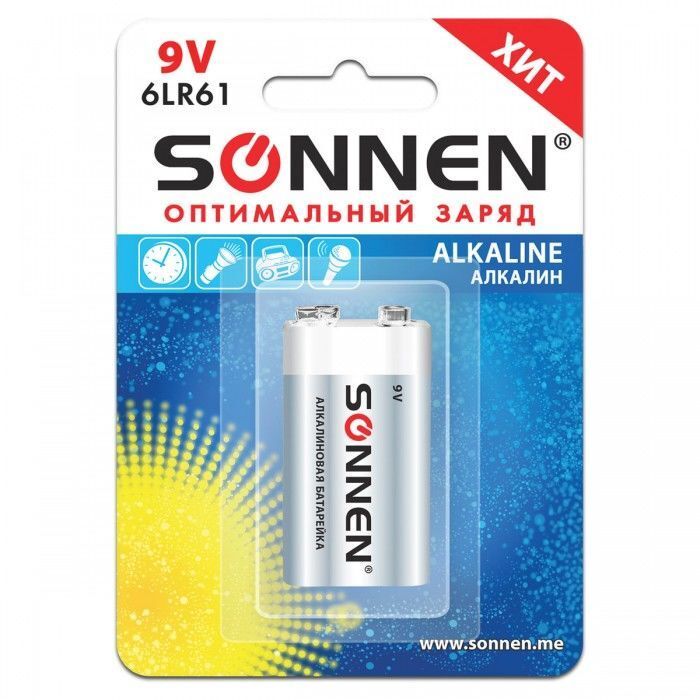 Батарейка SONNEN Alkaline тип Крона (6LR61, 6LF22, 1604A), алкалиновая, 1шт