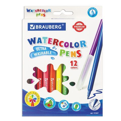 Фломастеры 12 цветов ультрасмываемые классические, вентилируемый колпачок PREMIUM BRAUBERG