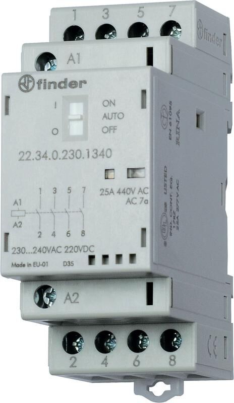 Контактор модульный 2NO + 2NC 25 А AgSnO2 230В AC/DC 35 мм IP20 опции: мех. индикатор + LED FINDER 223402304620