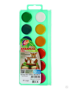 Краски акварельные медовые "ZOO", 12 цветов, без кисти, в пластиковой упаковке с крышкой 