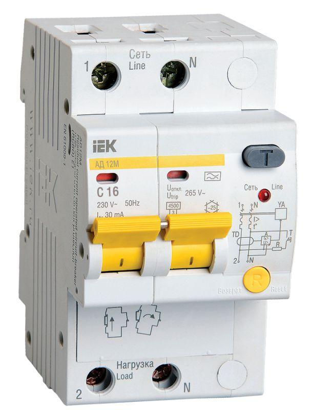 IEK Выключатель автоматический дифференциального тока 2п C 16А 30мА тип A 4.5кА АД-12М IEK MAD12-2-016-C-030