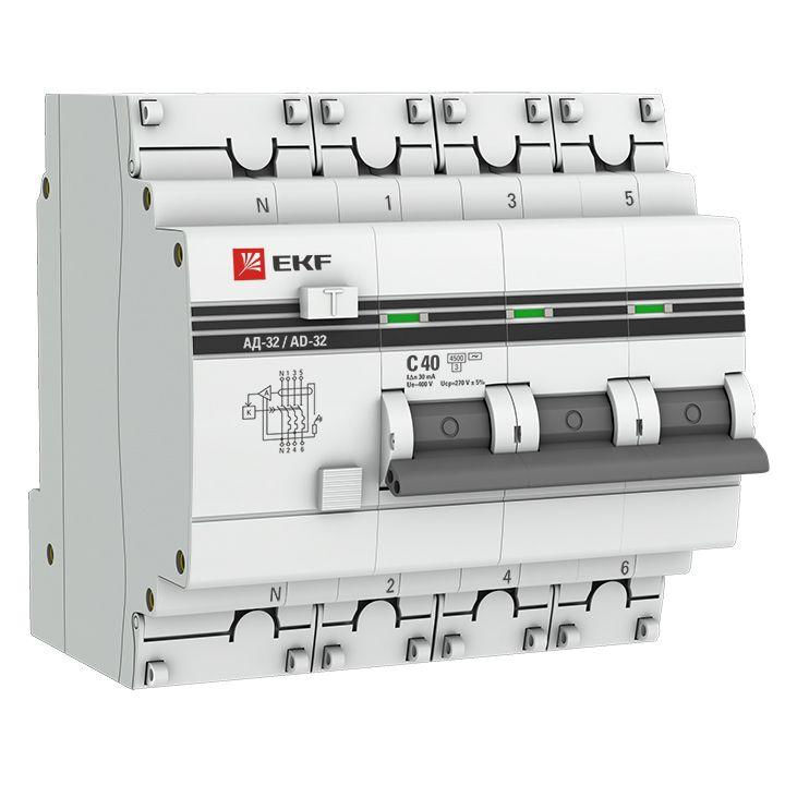 EKF Выключатель автоматический дифференциального тока 4п (3P+N) C 40А 30мА тип AC 4.5кА АД-32 защита 270В электрон. PROx