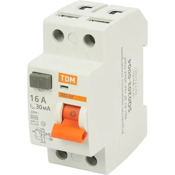 УЗО Tdm Electric ВД1-63 2P 16 A 30 мА 4.5 кА AC SQ0203-0004 TDM ELECTRIC