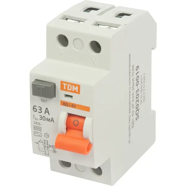УЗО Tdm Electric ВД1-63 2P 63 A 30 мА 4.5 кА AC SQ0203-0080 TDM ELECTRIC