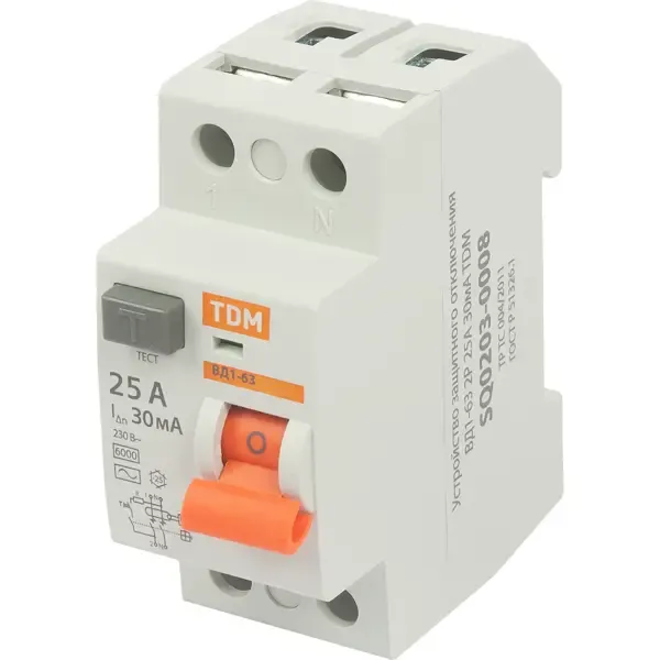 УЗО Tdm Electric ВД1-63 2P 25 A 30 мА 4.5 кА AC SQ0203-0008 TDM ELECTRIC