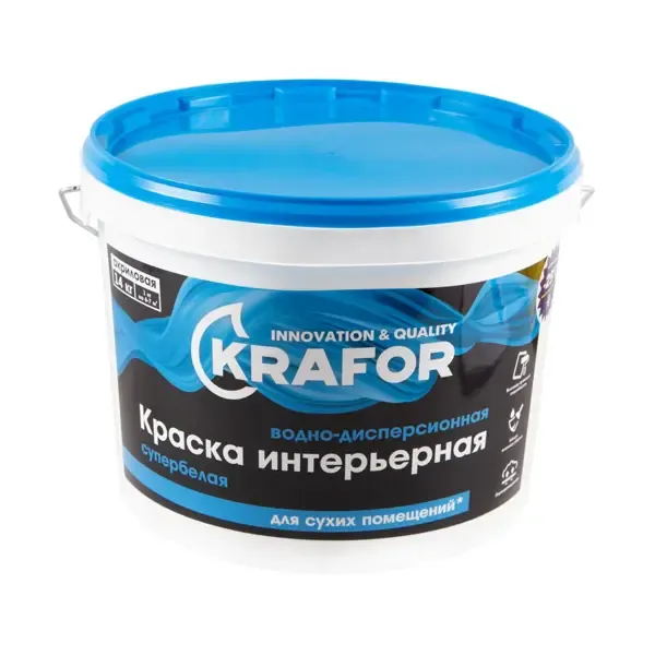 Краска для стен и потолков для сухих помещений KRAFOR 26961 супер-белая 14 кг