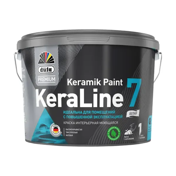 Краска для стен и потолков моющаяся Dufa Premium KeraLine Keramik Paint 7 база 1, матовая белая, 9 л. DUFA None
