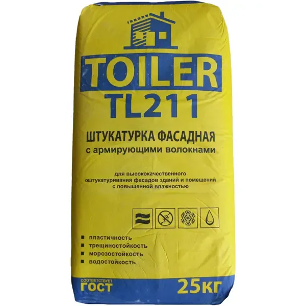 Штукатурка цементная Toiler TL211 фасадная с армирующими волокнами 25 кг TOILER