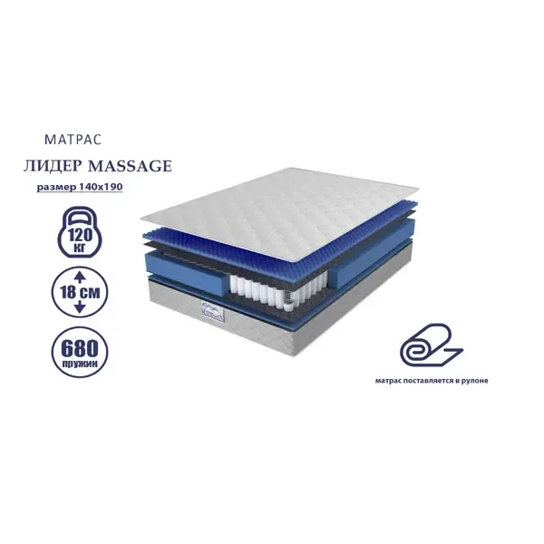 Матрас Matratex Лидер Massage 140x190 см, независимый пружинный блок, двуспальный