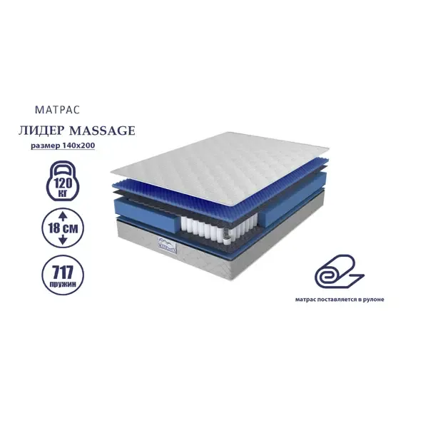 Матрас Matratex Лидер Massage 140x200 см, независимый пружинный блок, двуспальный