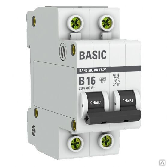 Автоматический выключатель 2Р 16А (С) 4,5кА ВА 47-29 EKF Basic