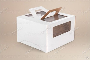 Коробка для торта с окном с ручками 220х220х150мм картонная белая 25/25 