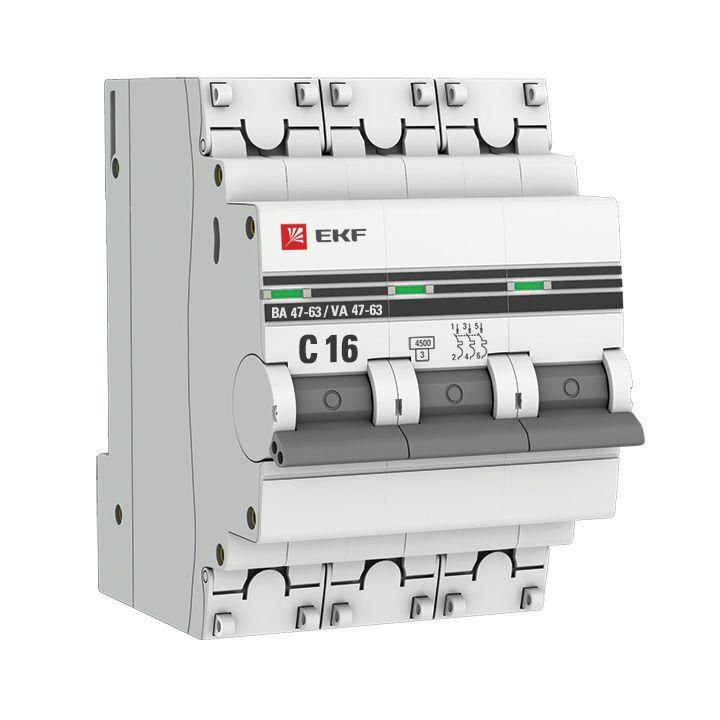 EKF Выключатель автоматический модульный 3п C 16А 4.5кА ВА 47-63 PROxima EKF mcb4763-3-16C-pro