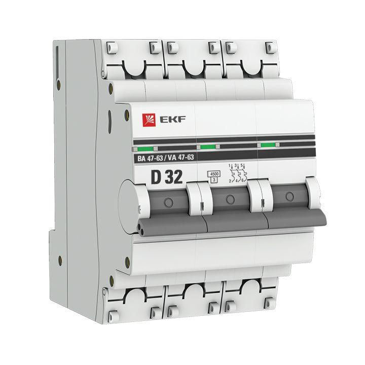 EKF Выключатель автоматический модульный 3п D 32А 4.5кА ВА 47-63 PROxima EKF mcb4763-3-32D-pro