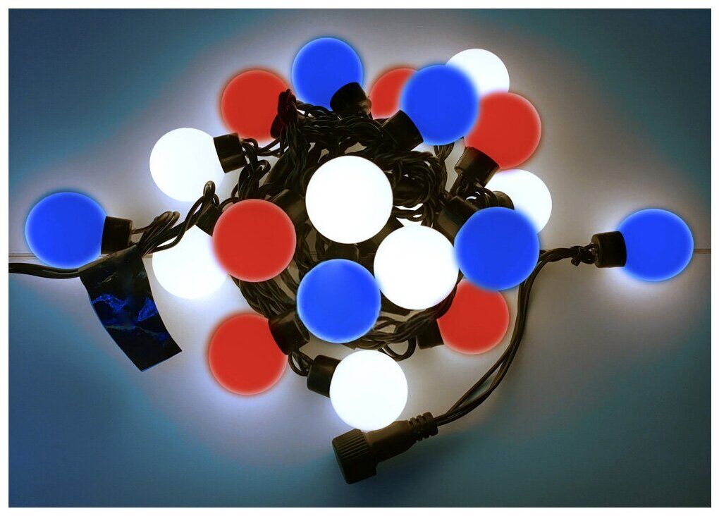 Гирлянда Большие Шарики LED, 4см, 220В, 5м, соединяемая, бело-сине-красная, IP65