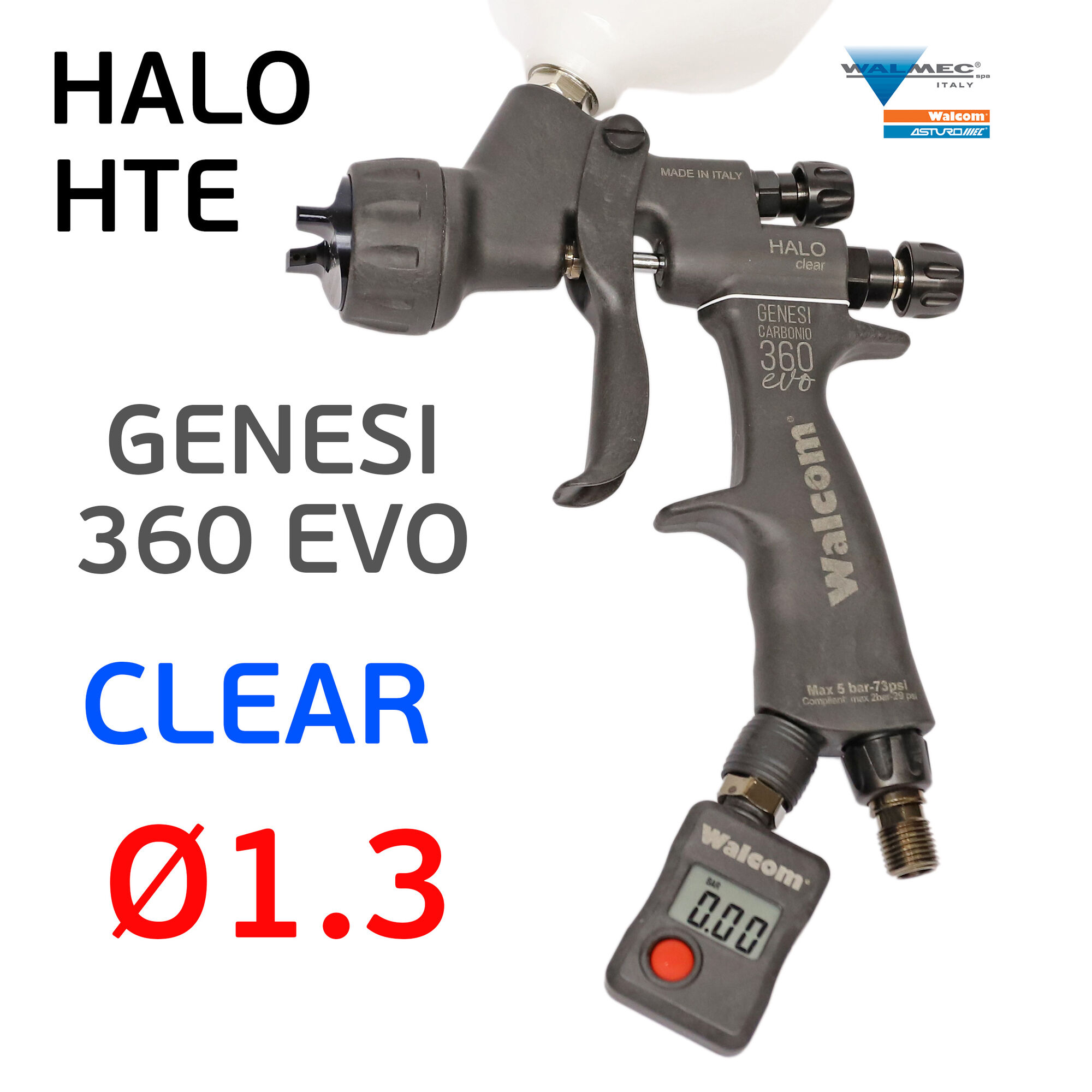 Краскопульт Walcom Genesi HTE Clear (1.3мм) Carbonio 360 EVO HALO для лака, верхний бачок, манометр