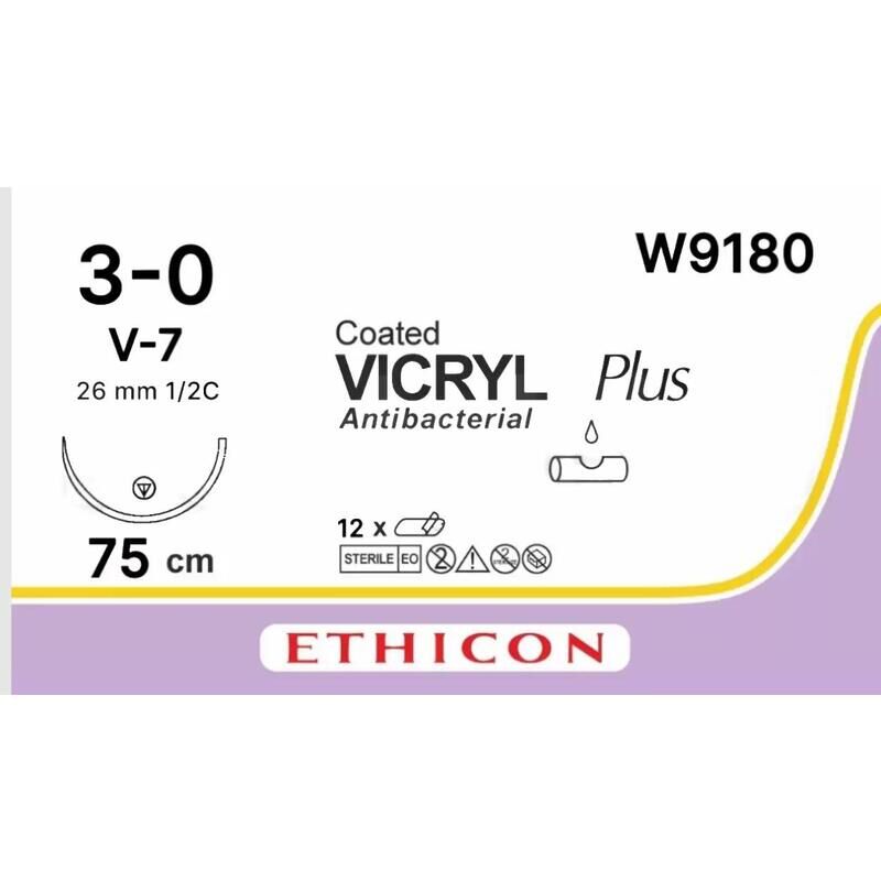Шовный материал Викрил 3/0 75 см колюще-режущая игла 26 мм 1/2 W9180 (12 штук в упаковке) Ethicon