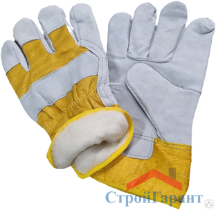 Перчатки спилковые комбинированные утепленные серо-желтые #1