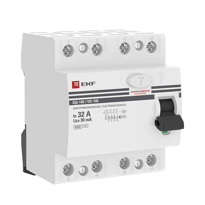 EKF Выключатель дифференциального тока (УЗО) 4п 32А 30мА тип AC ВД-100 (электромех.) PROxima EKF elcb-4-32-30-em-pro