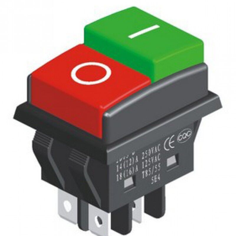 Кнопка сдвоенная нажимная KCD3-03 on-off 4 контакта (off-красный, on-зелёный)