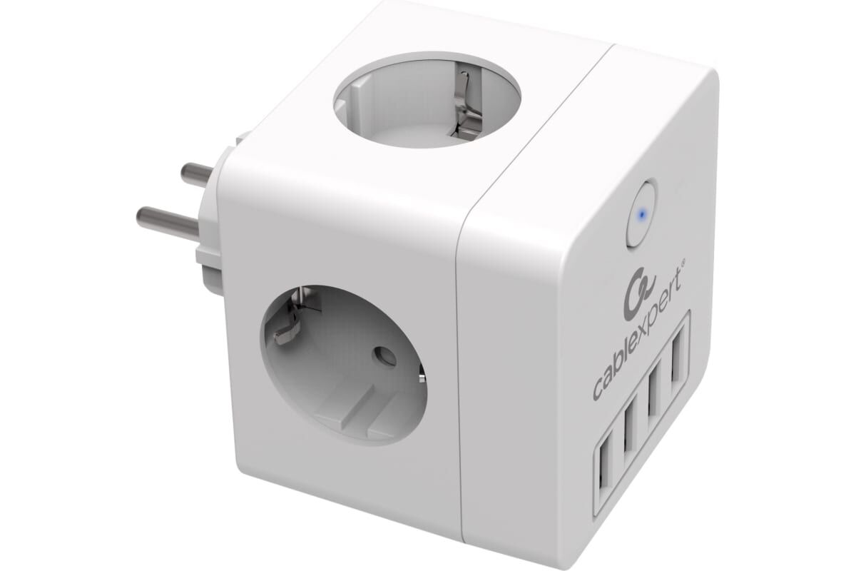 Сетевой фильтр в розетку Cablexpert Cube 4 розетки 16А, 3.5кВт, 4гн.USB, белый