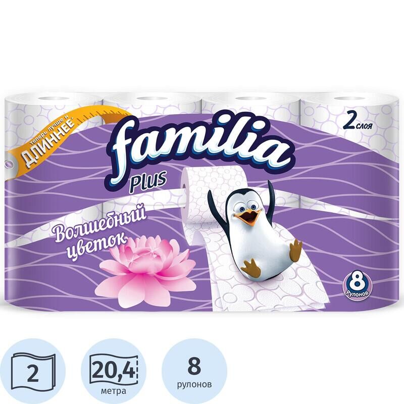 Бумага туалетная Familia Plus 2-слойная белая с цветочным ароматом 20.4 метра (8 рулонов в упаковке)