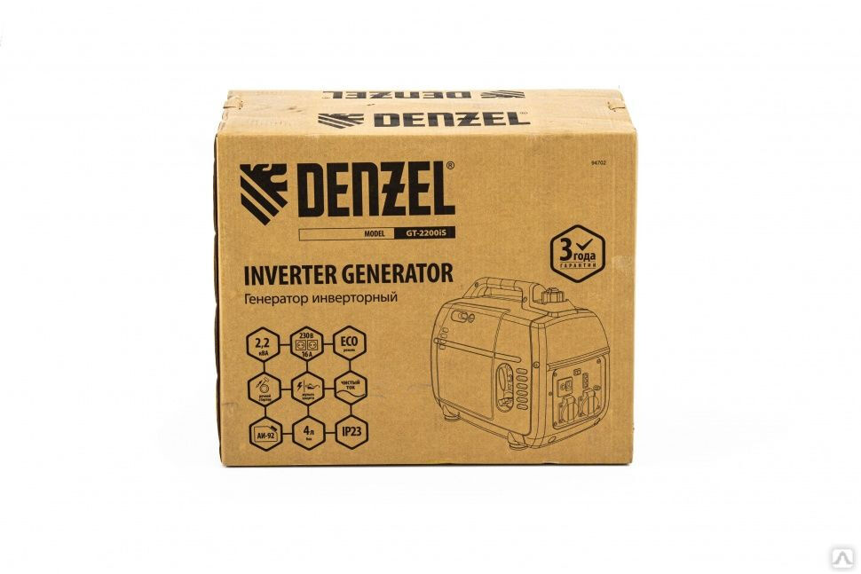 Генератор инверторный GT-2200iS 2.2 кВт 230 В бак 4 л закрытый корпус ручной старт Denzel 7