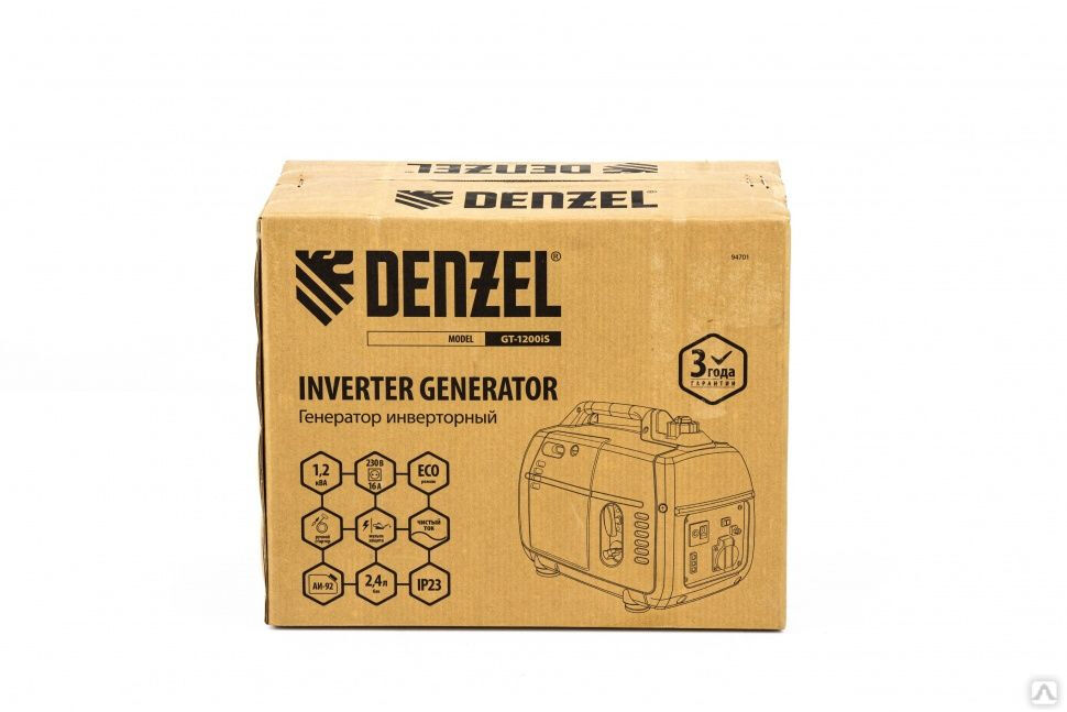 Генератор инверторный GT-1200iS 1.2 кВт 230 В бак 2.4 л ручной старт Denzel 7