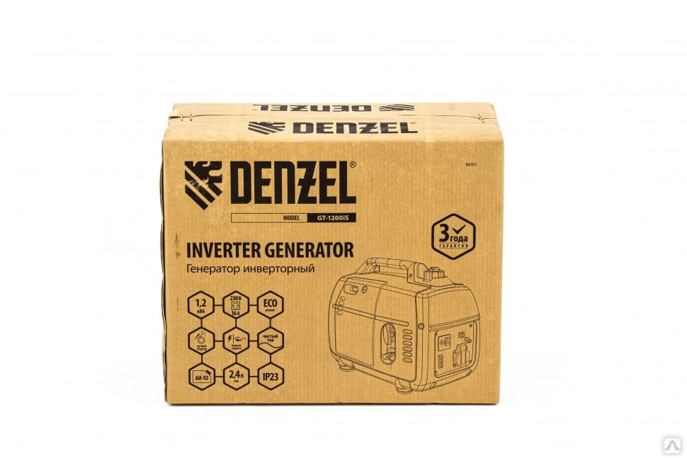 Генератор инверторный GT-1200iS 1.2 кВт 230 В бак 2.4 л ручной старт Denzel 8