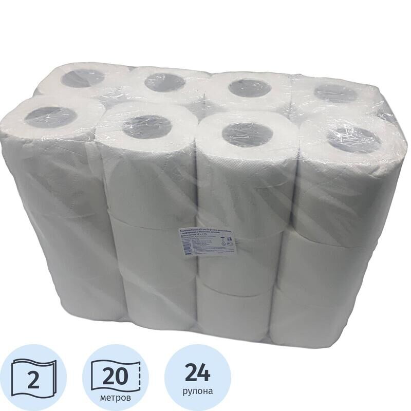 Бумага туалетная 2-слойная белая (24 рулона в упаковке) NoName
