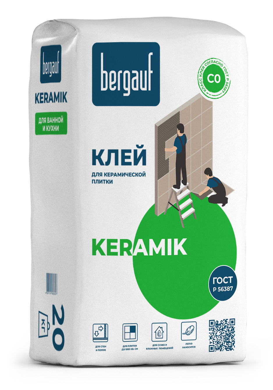 Клей плиточный BERGAUF KERAMIK Универсал, плитка/керамогр , 25 кг, h 3-10мм, 1 паллета/56 мешков