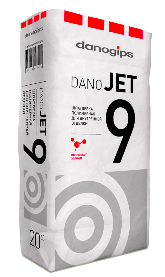 Шпатлевка полимерная сухая DANOGIPS DANO JET 9 – Универсал. h 4 мм, 1.2кг/м2/1мм, 20 кг, 1/48