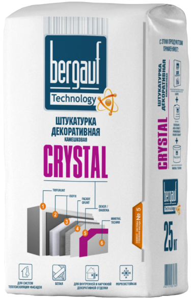 Штукатурка декоративная Bergauf Crystal камешковая Шуба, зерно белоснежная 2мм, 25 кг