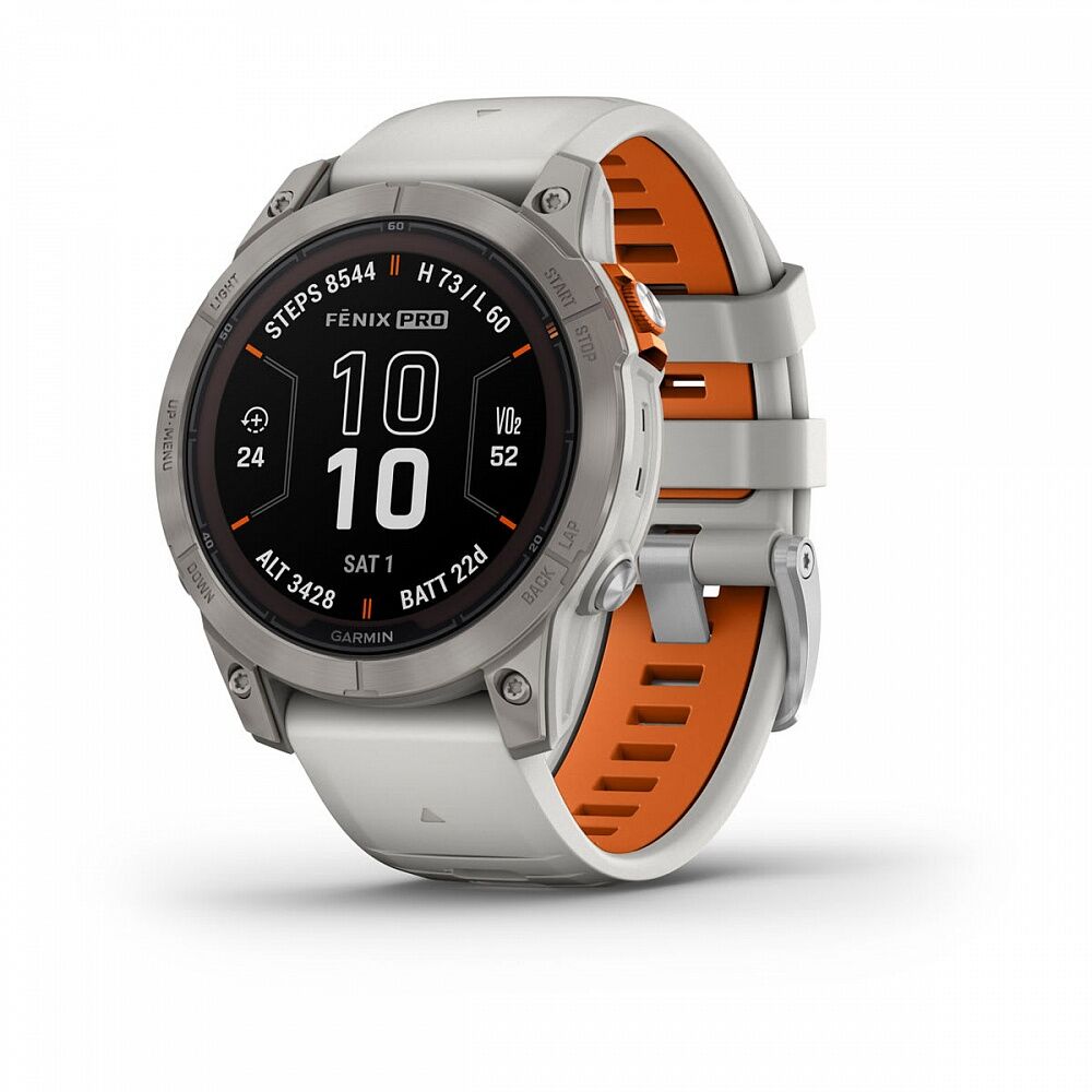 Часы Garmin Fenix 7 PRO Sapphire Solar титановый серый с серо-оранжевым ремешком, цена в Красноярске от компании Garmin Красноярск