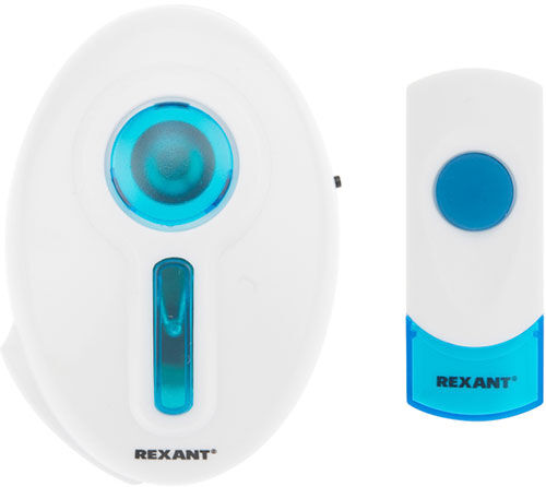 Беспроводной дверной звонок в розетку Rexant 32 мелодии, 100 м, кнопка, IP44, белый/синий (RX-6) 32 мелодии 100 м кнопка