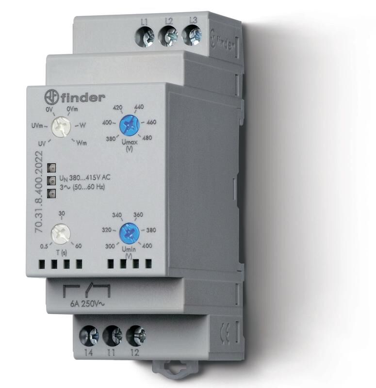 Реле контрольное для 3х-фазных сетей пониженное/повышенное напряжение 1CO 6 А FINDER 703184002022